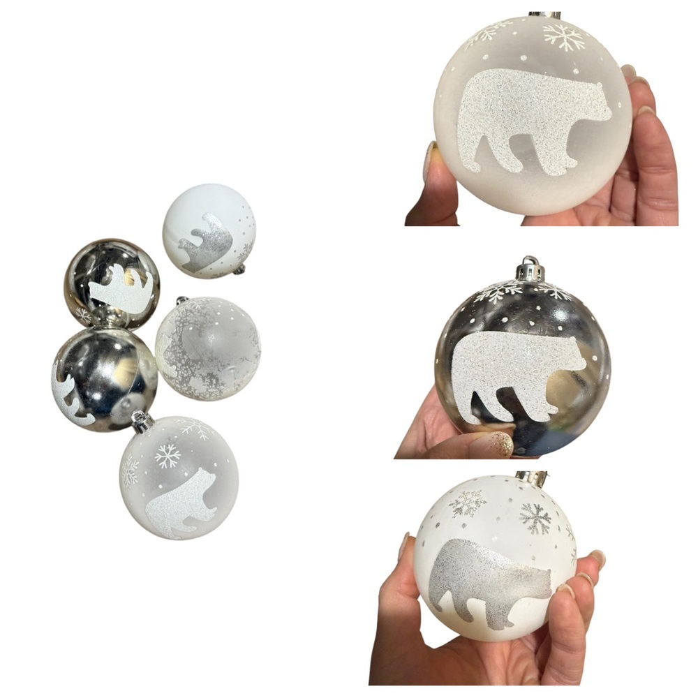5 Elegant Polar Bear Holiday Ornaments - Silver and white Shatter Resistant